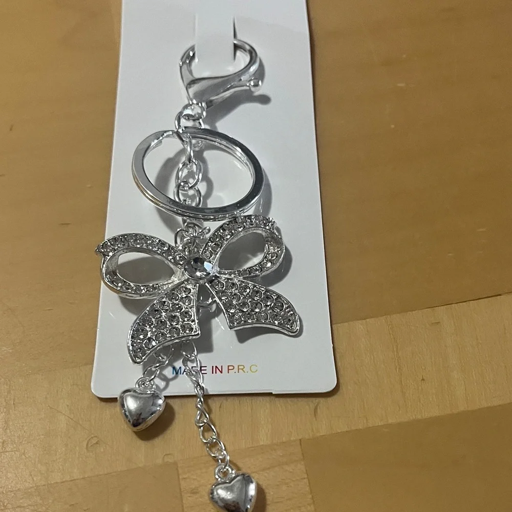 Silver Bow Keychain with Heart Charms